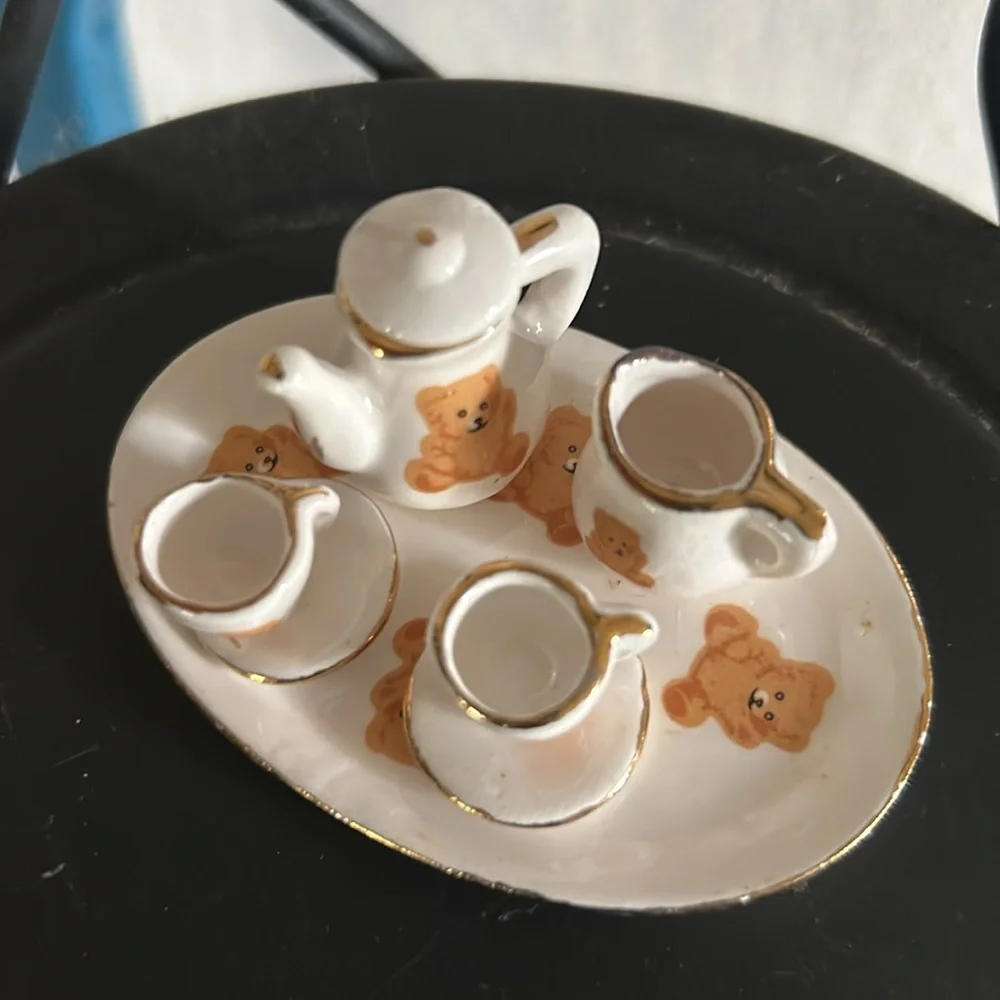 Vintage Porcelain Mini Teddy Bear Tea Set Dollhouse Miniatures